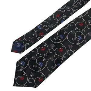 Paul Fredrick Black Silk Floral Patterned Tie Hand Made 100% Imported Silk 3.5"